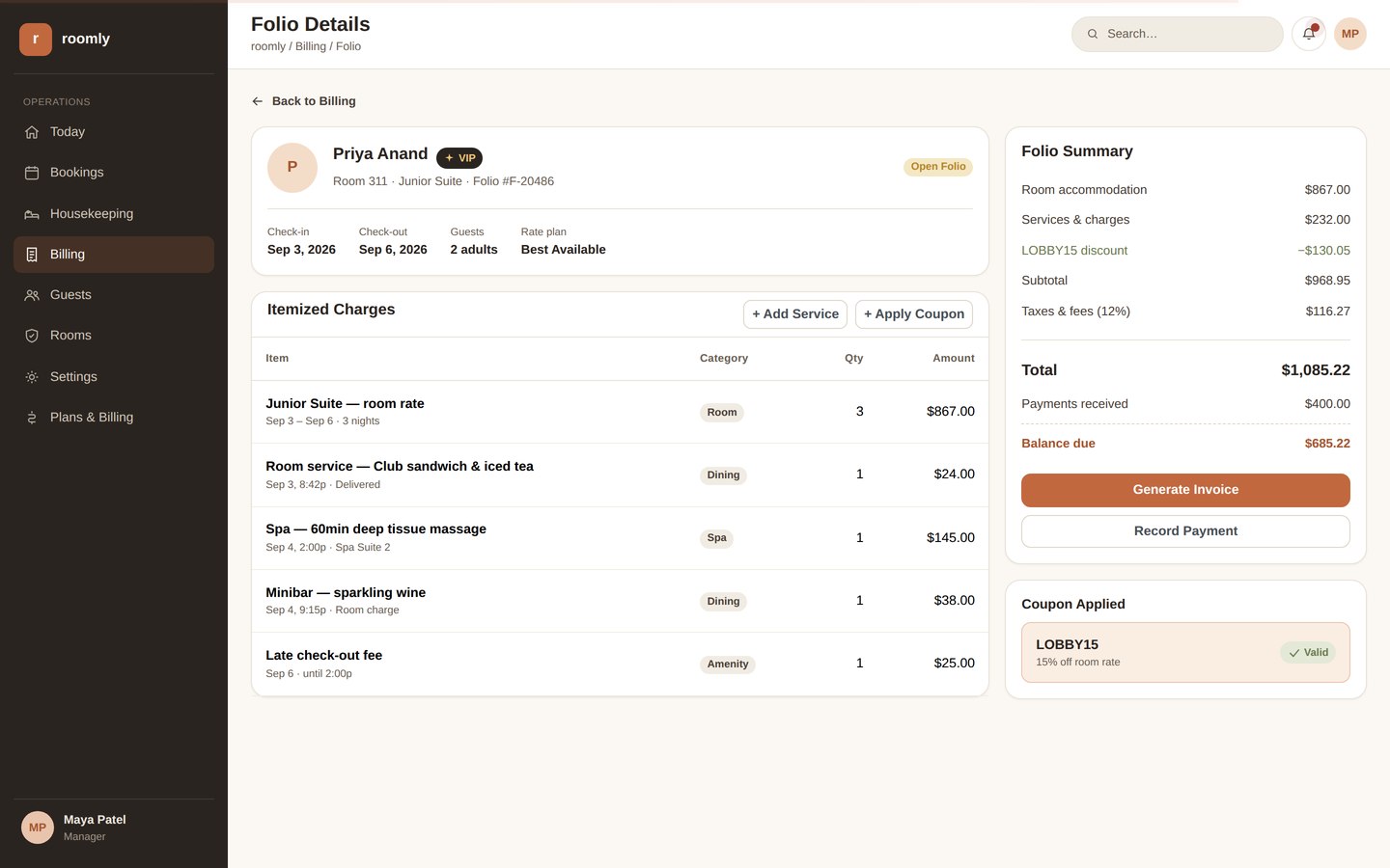 Itemized folio showing room charges, services, coupon discount, and balance due