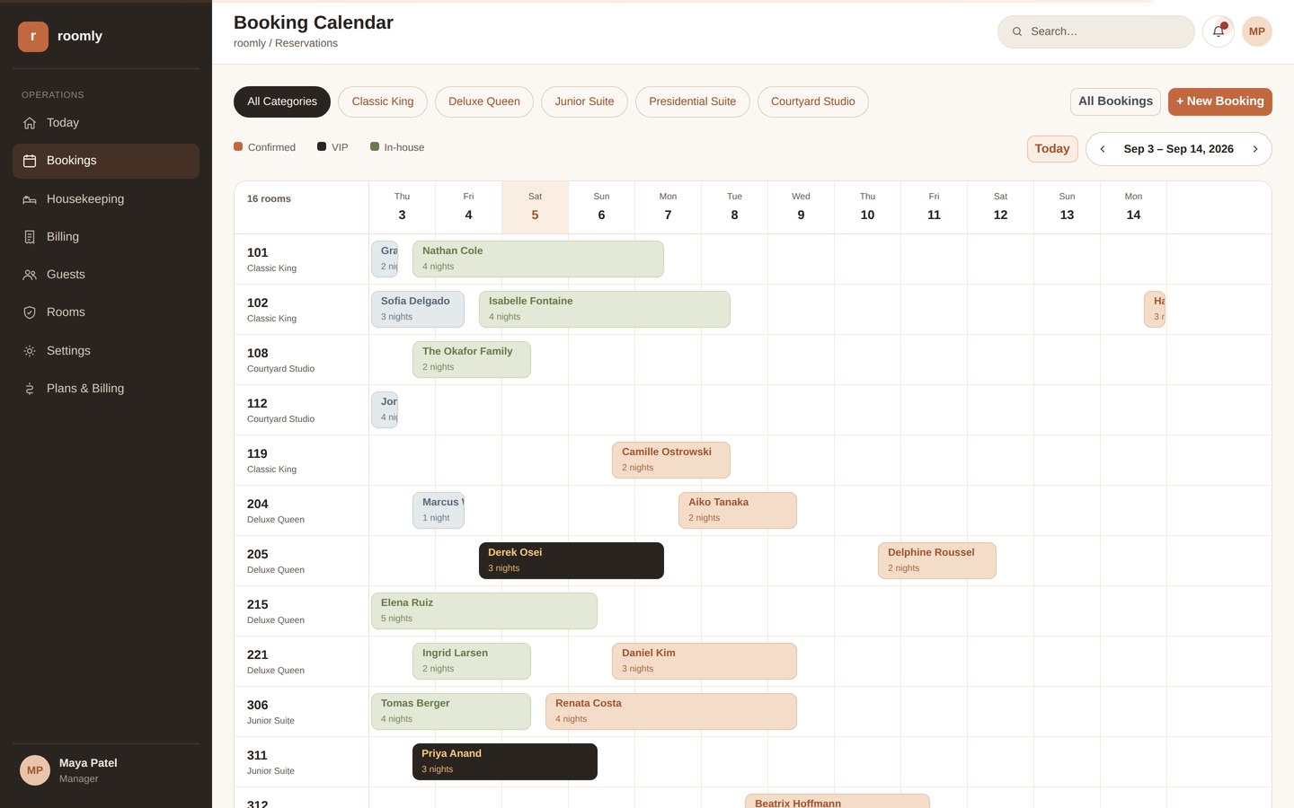 Visual booking calendar with color-coded reservations across 16 rooms